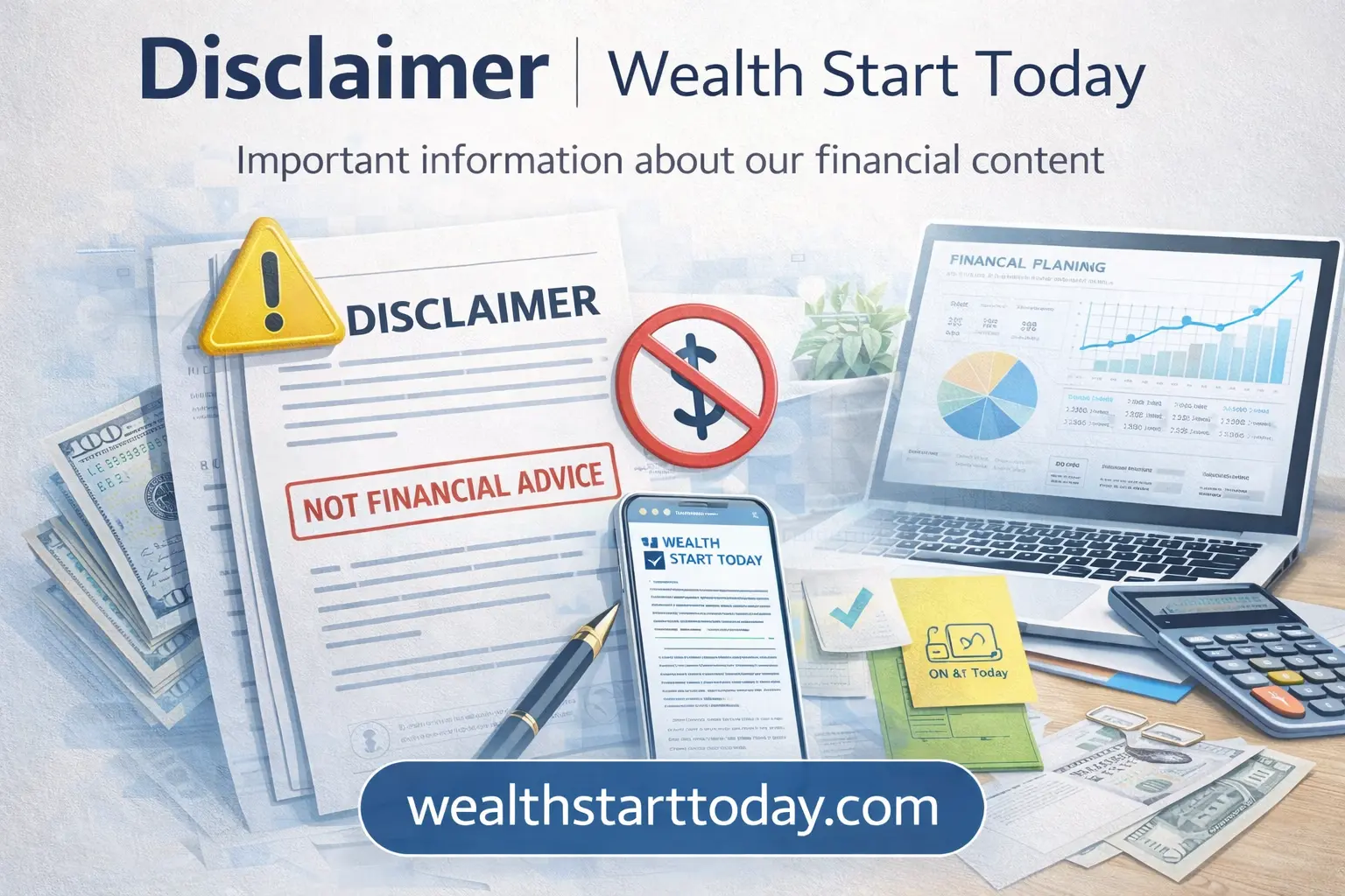 Financial website disclaimer concept illustration explaining that content on Wealth Start Today is for educational and informational purposes only
