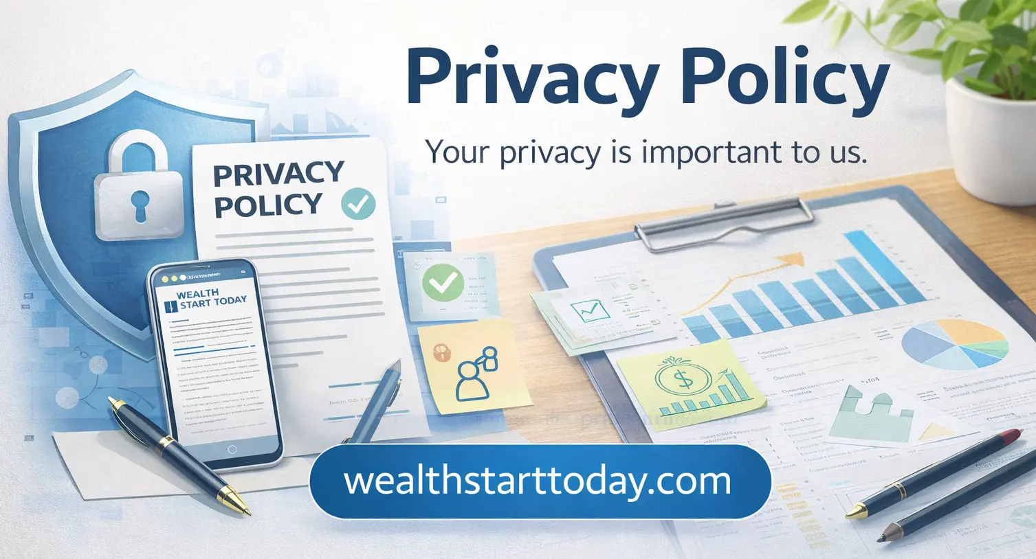 Privacy policy concept with security shield and document representing data protection on Wealth Start Today website