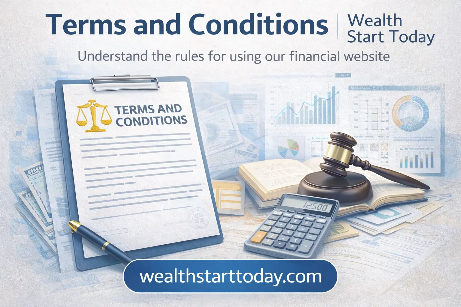 Terms and Conditions legal document illustration for Wealth Start Today financial education website explaining website usage rules and policies
