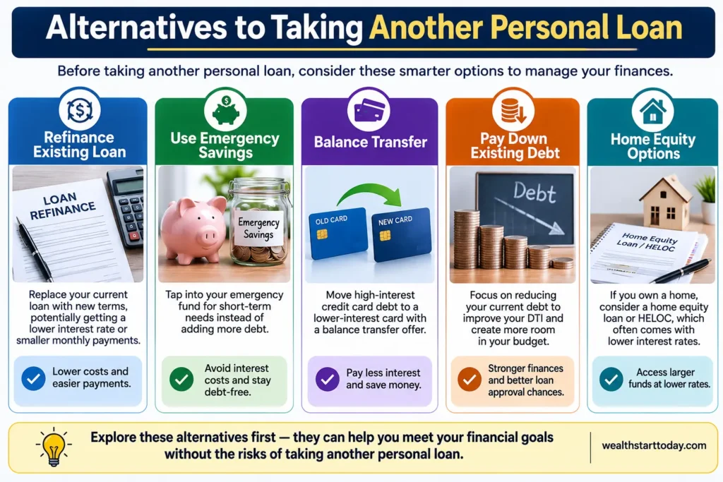 Alternatives to taking another personal loan including refinancing, emergency savings, balance transfers, debt repayment, and home equity options