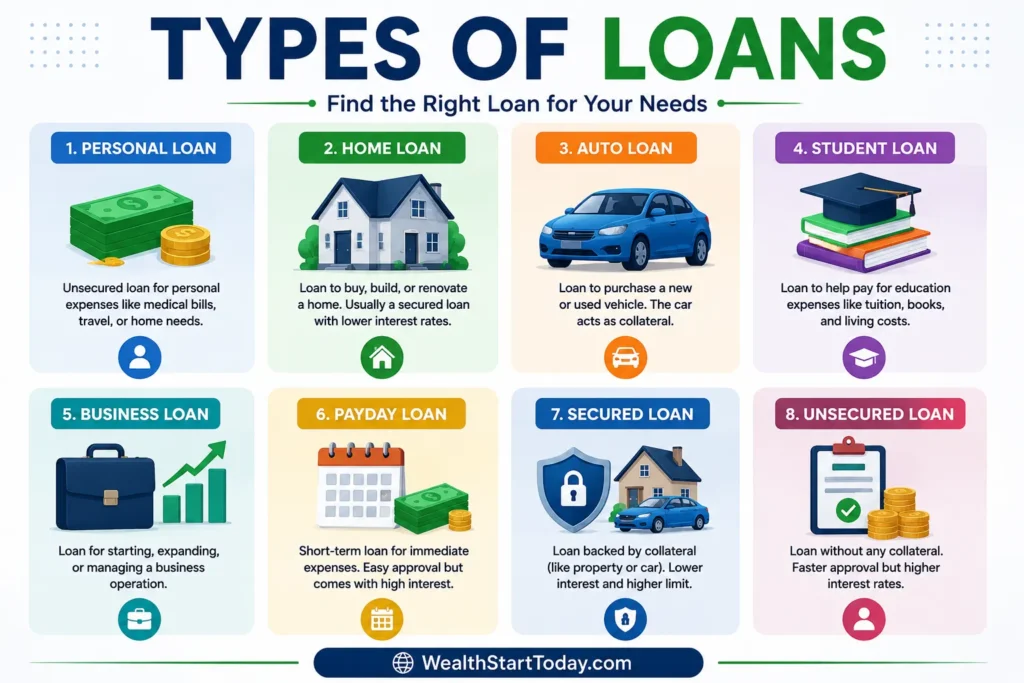 Infographic showing the different types of loans including personal home auto student business payday secured and unsecured loans