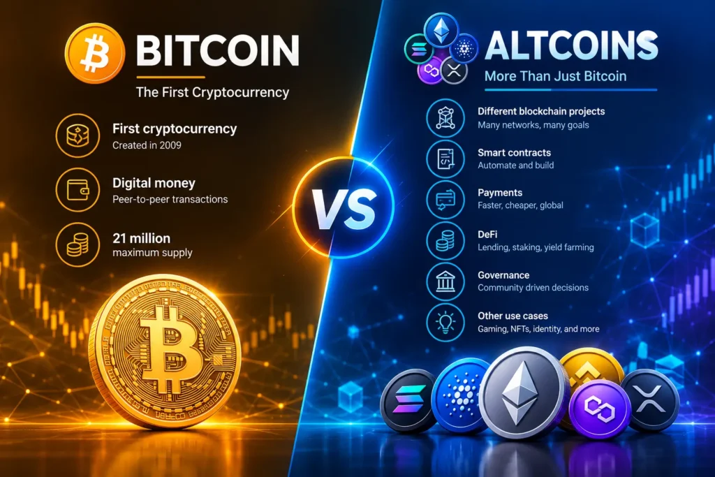 Bitcoin vs altcoins comparison showing different cryptocurrency uses
