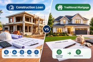 Construction loan vs traditional mortgage comparison with an unfinished home and completed home