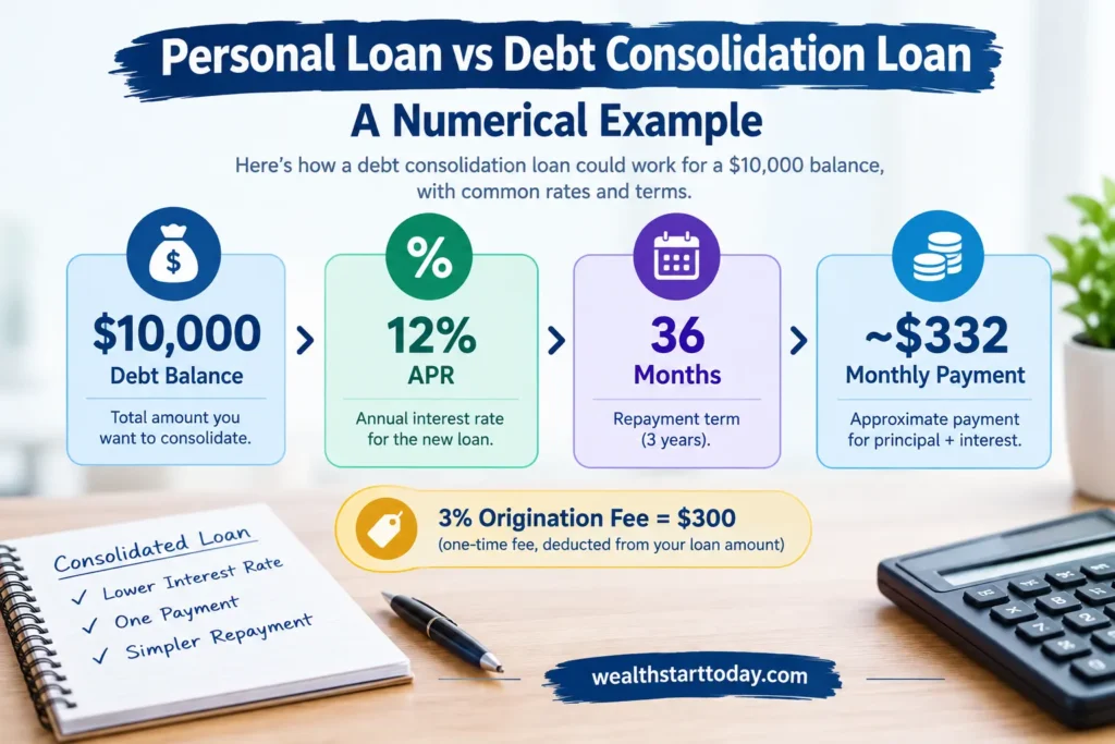$10,000 debt consolidation loan numerical example