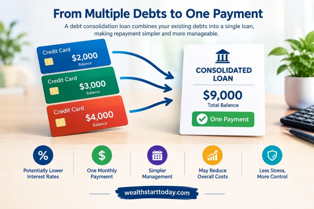 How debt consolidation combines multiple debts into one loan